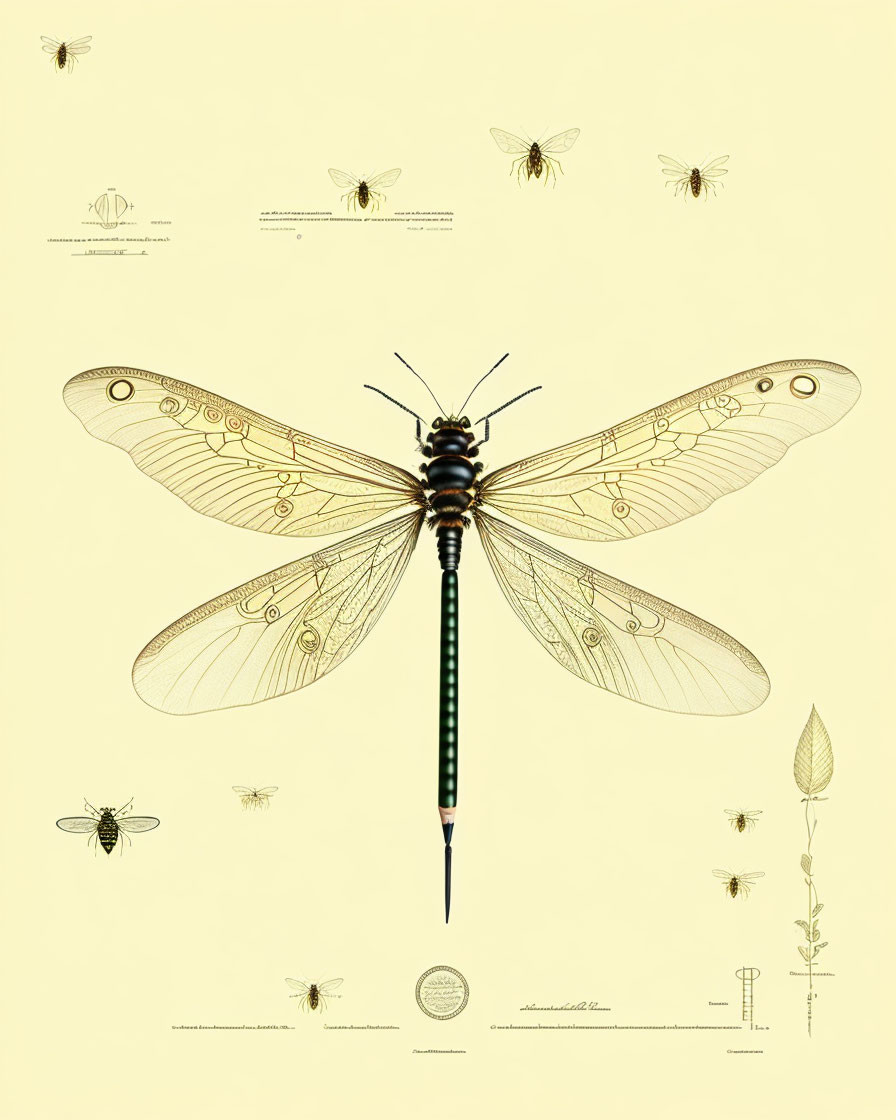 Dragonfly-inspired pencil surrounded by insect illustrations on yellow background