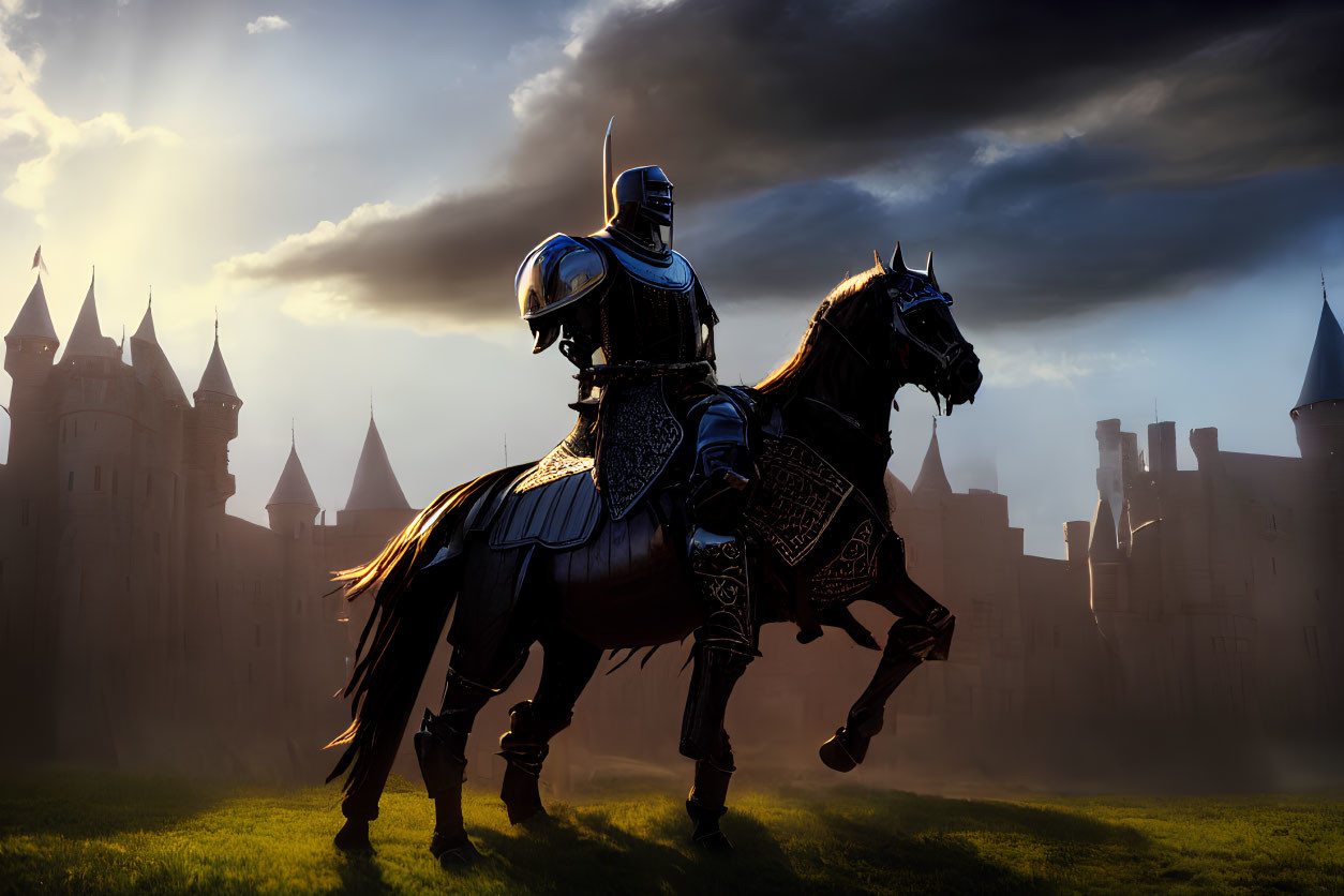 Knight on horseback with castle under dramatic sky