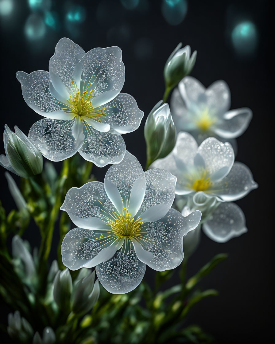 White blossoms with dewdrops on dark background and glowing blue orbs for a mystical atmosphere