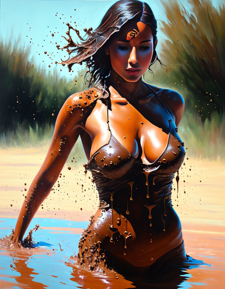 Woman in swimsuit emerges from water with droplets in sunlight.