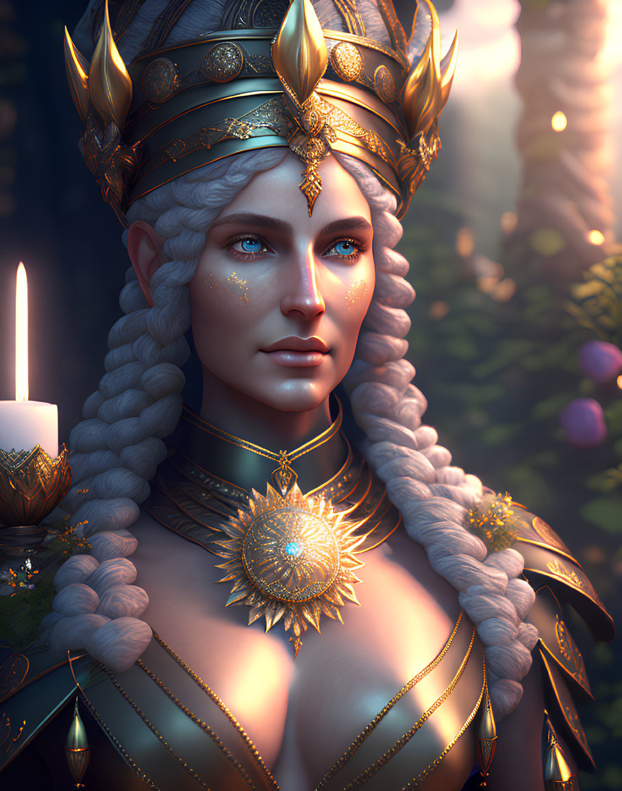 Regal fantasy character with golden crown and blue eyes in mystical forest