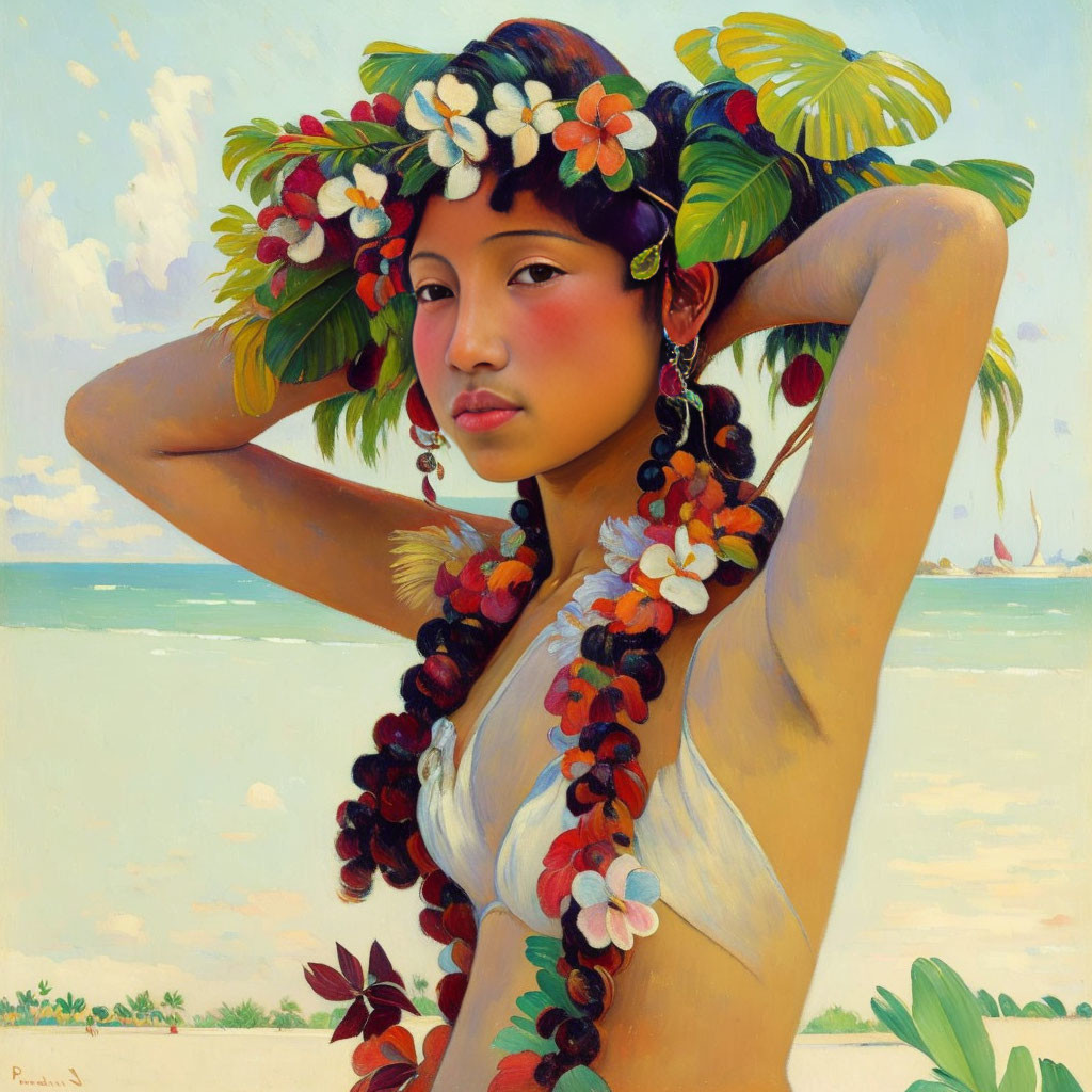 Woman with flowers in hair on beach with ships in distance