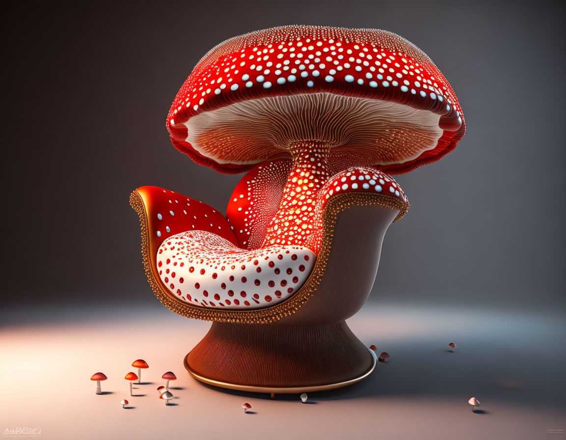 Whimsical 3D rendering of red and white mushroom chair