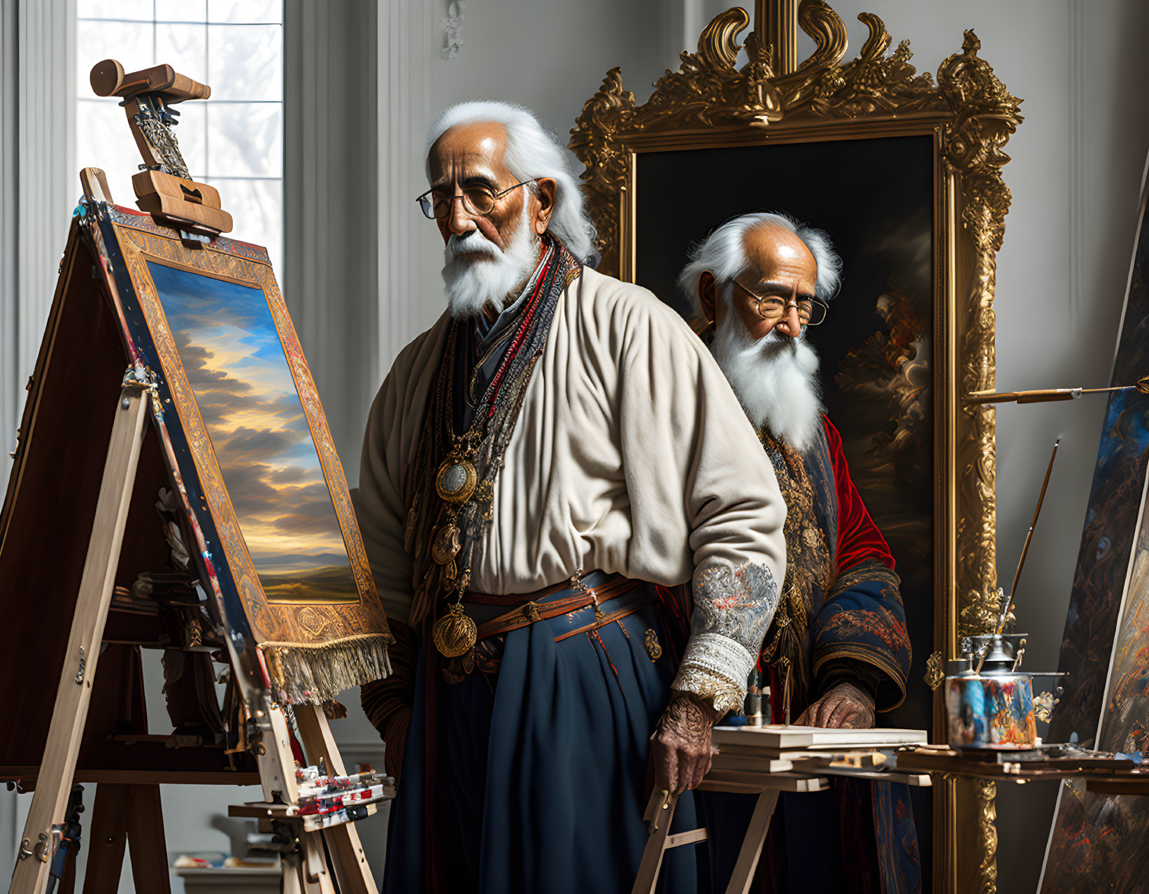 Elderly artist painting self-portrait in sunlit room