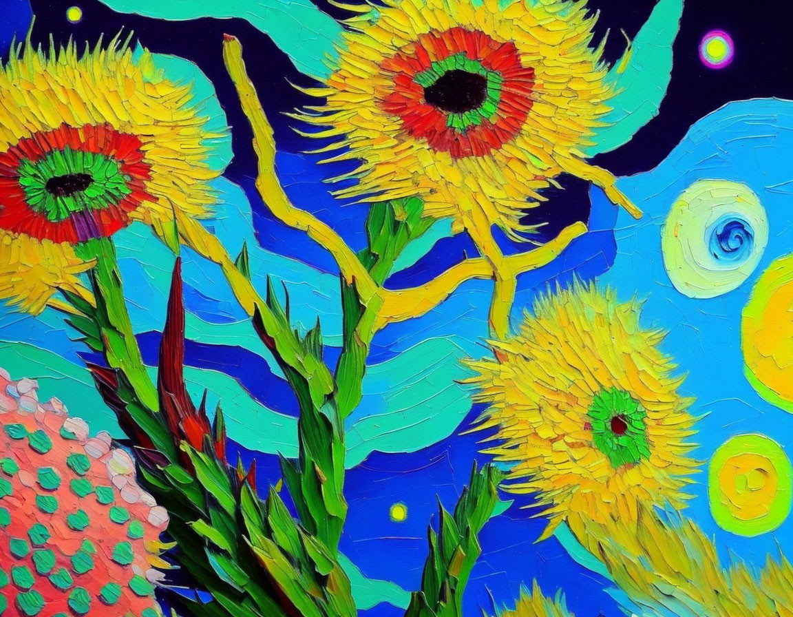 Colorful sunflower painting with swirls and dots on blue background