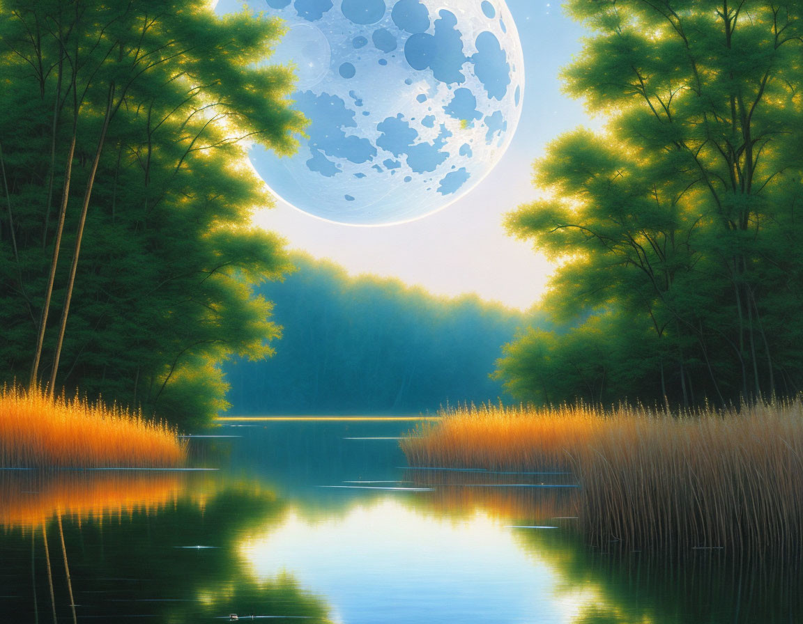 Tranquil lake scene with moon, trees, and tall grasses at twilight