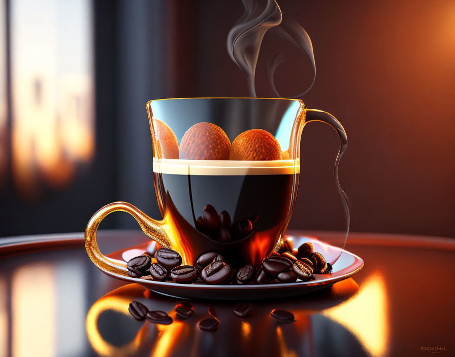 Transparent coffee cup with golden handle and rim, filled with coffee, surrounded by beans on reflective surface.