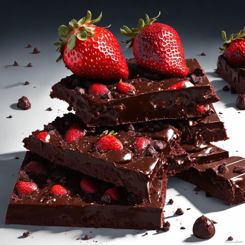 Chocolate bars stacked with dripping chocolate, fresh strawberries, and scattered pieces.