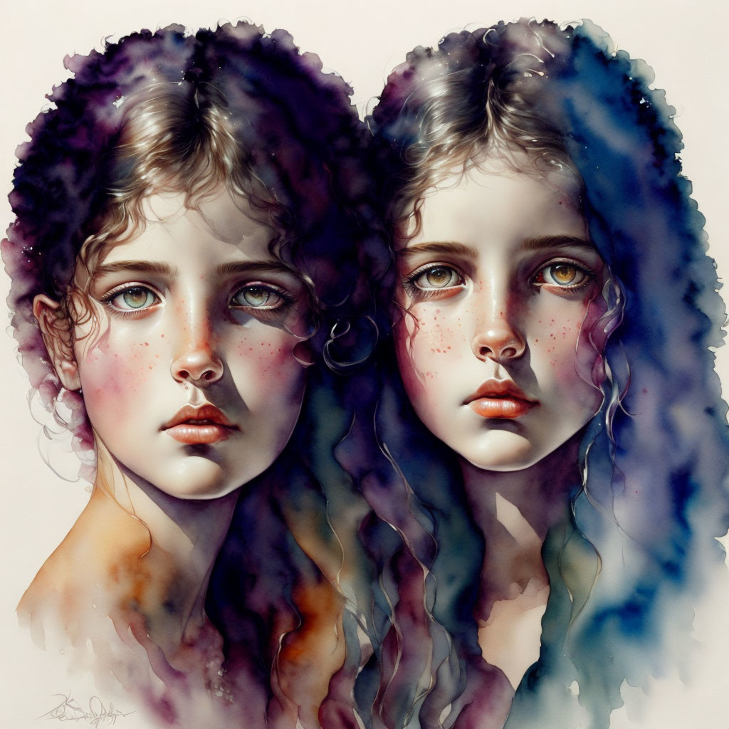 Digital Artwork: Twin Girls with Curly Hair and Captivating Eyes in Watercolor Style