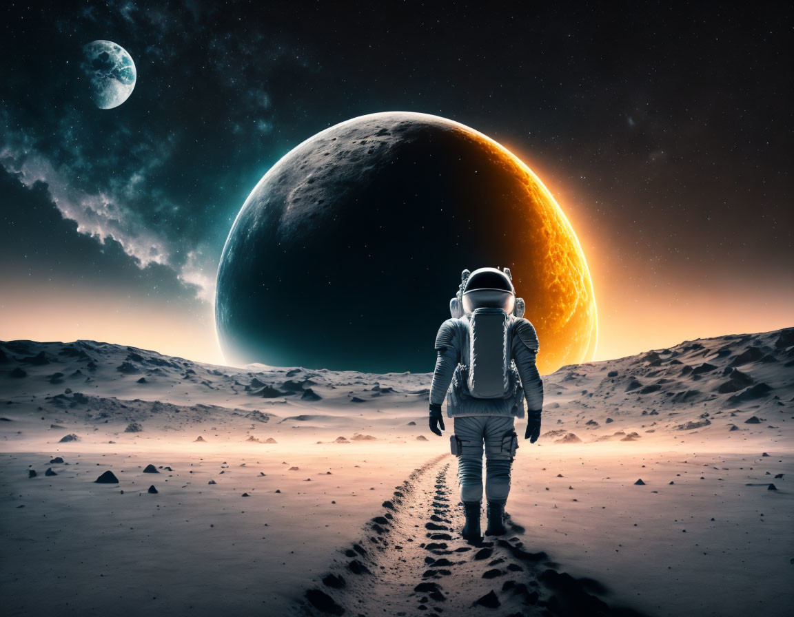 Astronaut walking on barren lunar surface with large sunrise-illuminated planet in background.