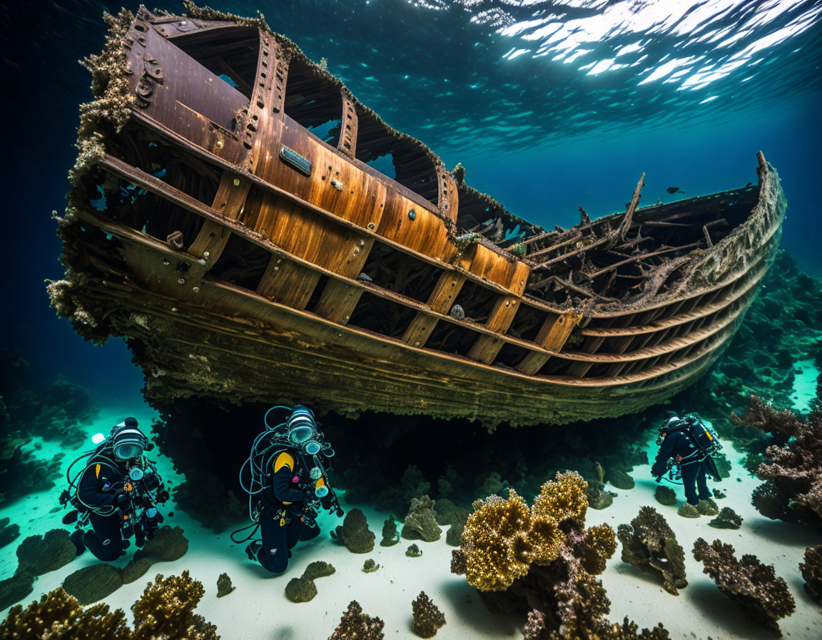 Coral-covered shipwreck explored by divers near reef