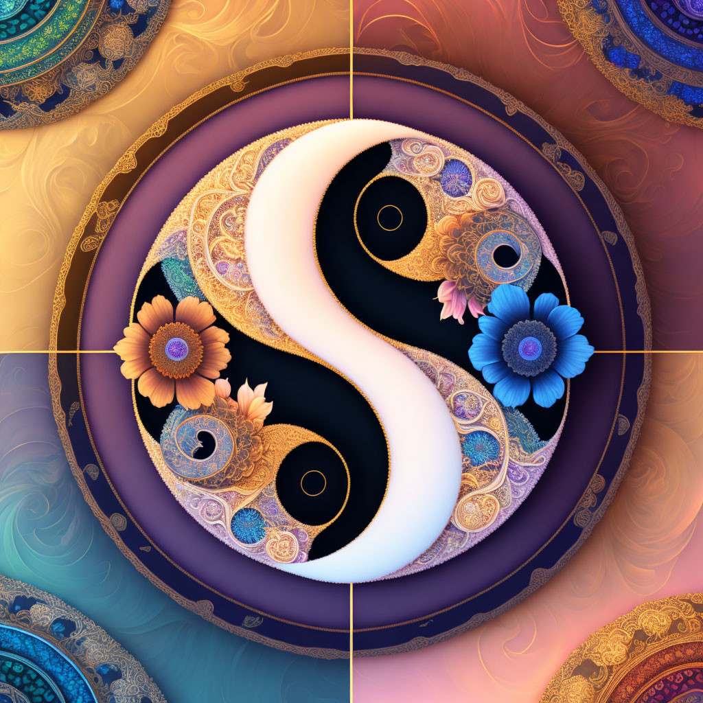 Colorful Yin-Yang Symbol with Floral Designs and Patterns