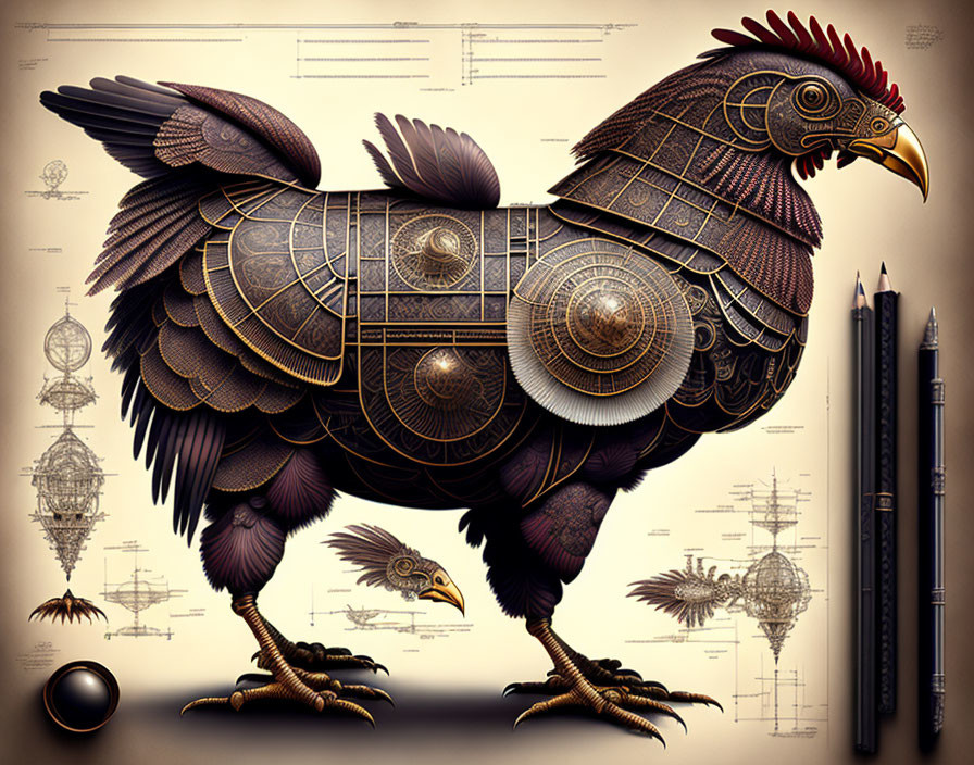 Mechanical rooster illustration with intricate gears and blueprints