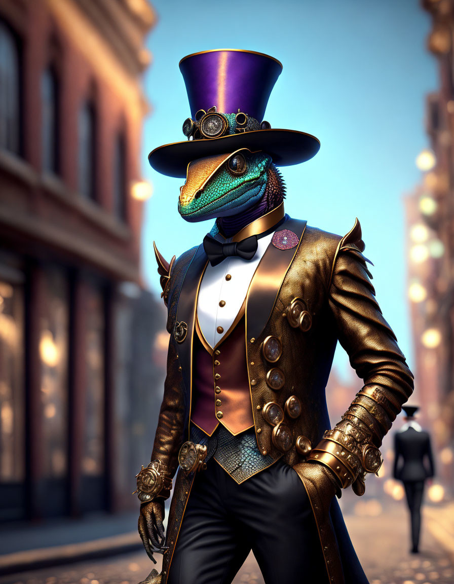 Anthropomorphic dinosaur in Victorian gentleman's attire on city street