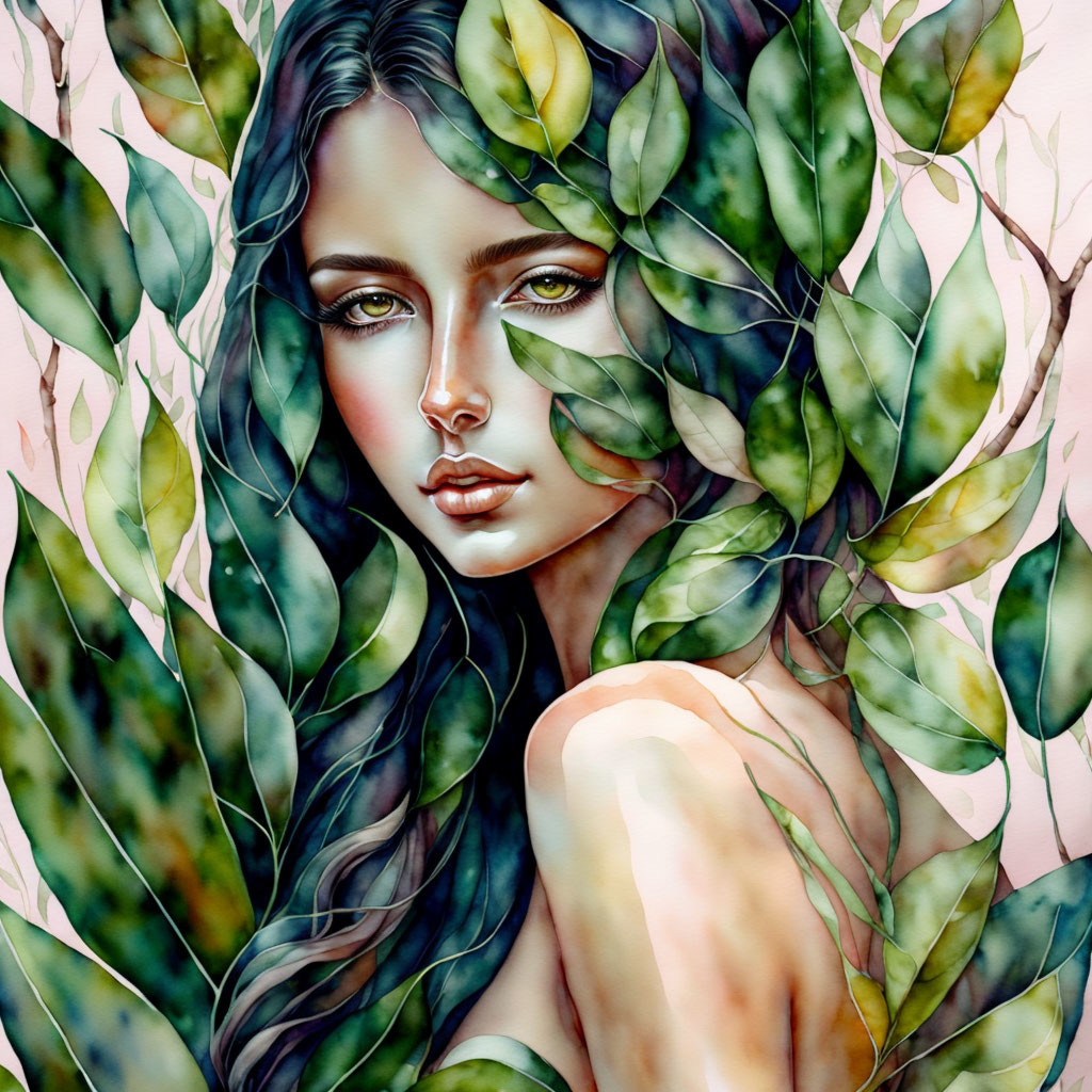 Nature-inspired woman portrait with green leaves in hair