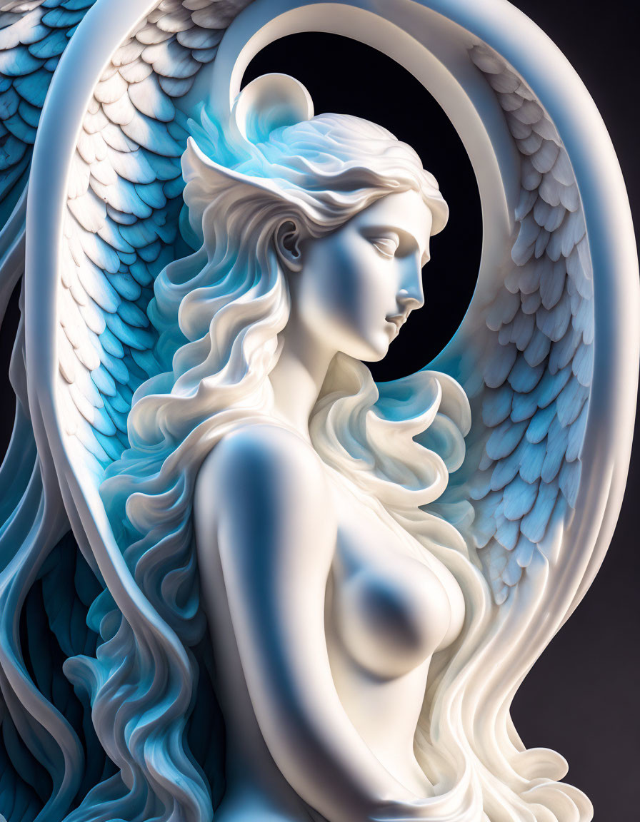 Serene angelic figure with ornate wings and halo