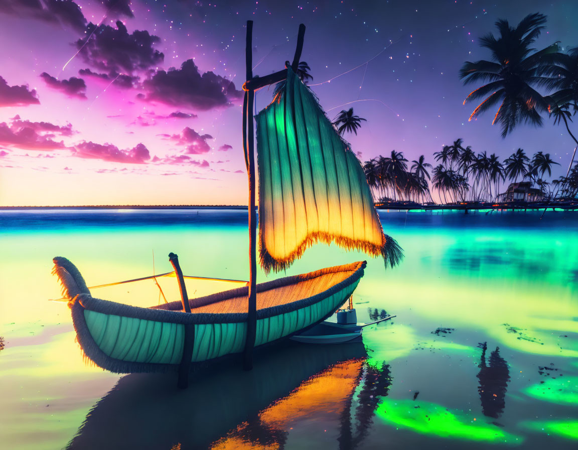 Bioluminescent lagoon boat at sunset with palm trees