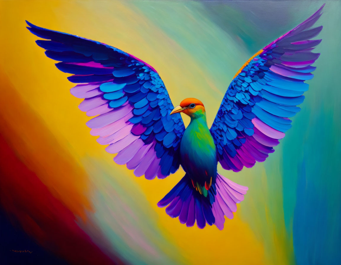 Colorful Bird Painting with Outstretched Blue and Purple Wings