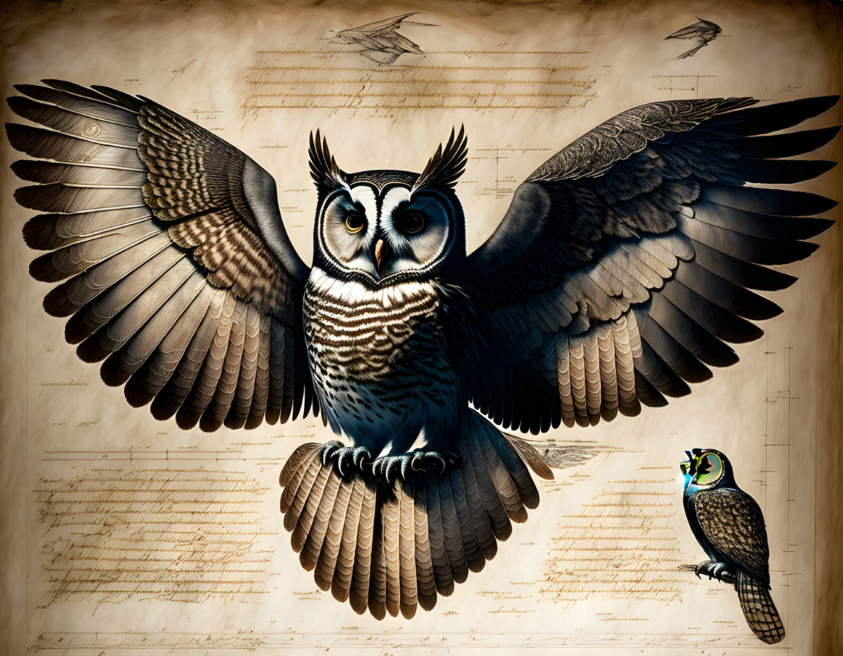 Illustrated owl with outstretched wings on aged paper with cursive writing and feather images.