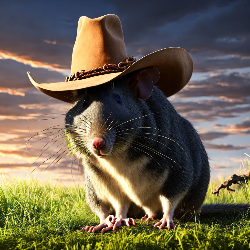 Cartoon rat in cowboy hat in grassy field at sunset