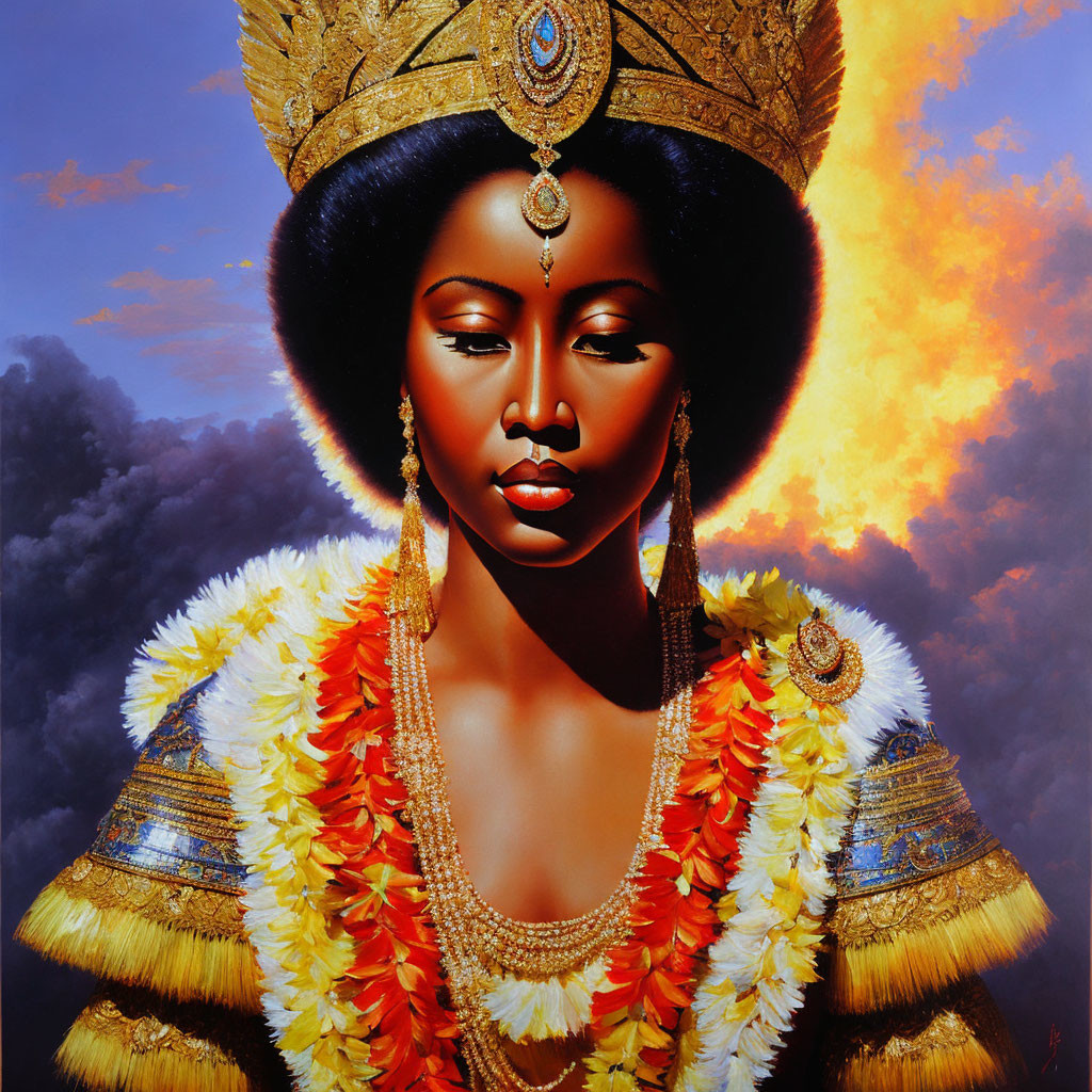 Regal woman with golden headdress and jewelry in dramatic cloud backdrop