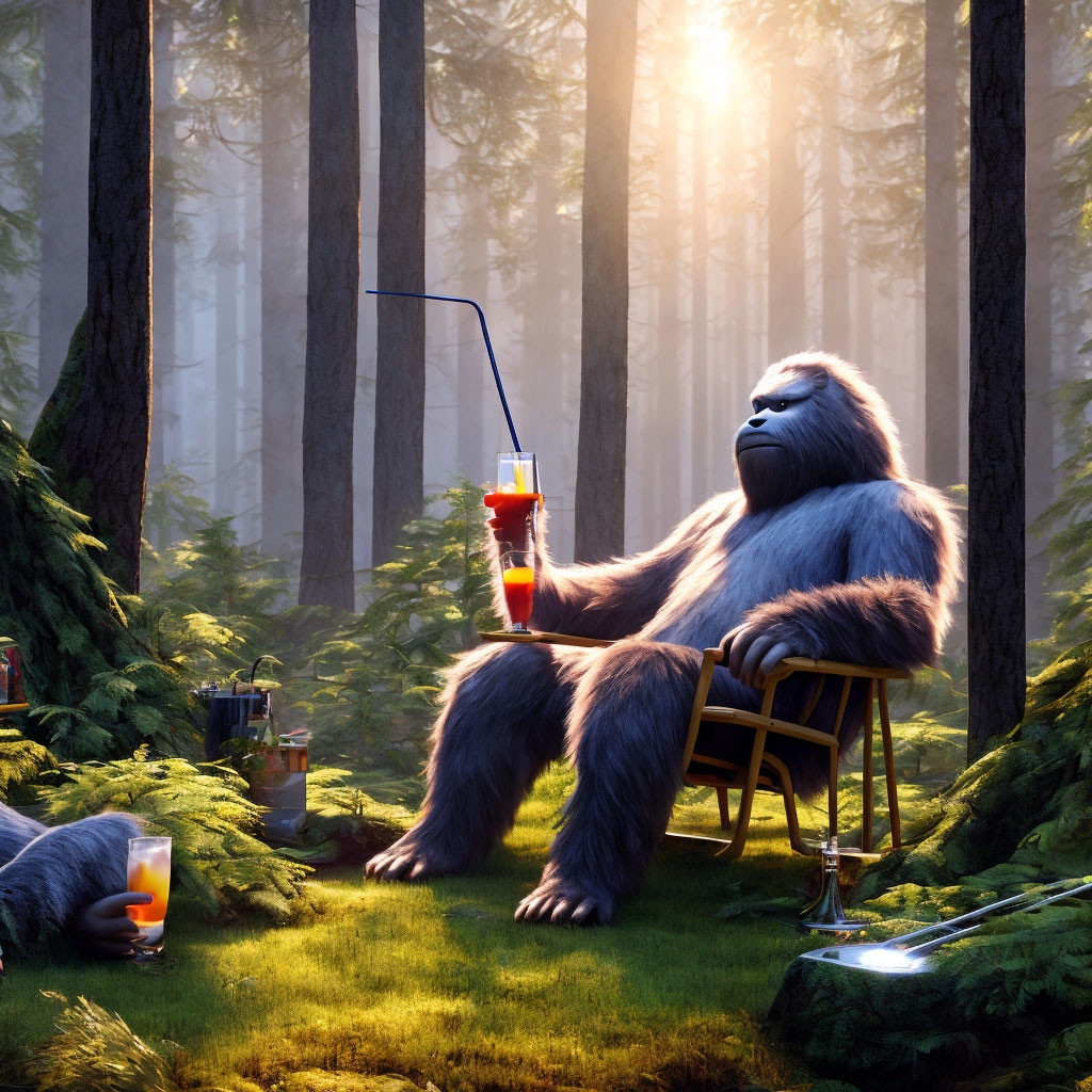 Animated Gorilla Relaxing with Drink in Sunlit Forest Scene