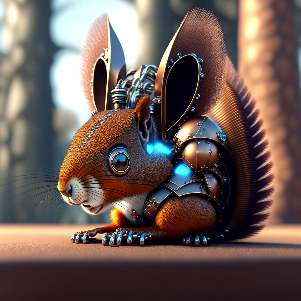 Half organic, half robotic squirrel in digital artwork with intricate mechanical parts against forest backdrop