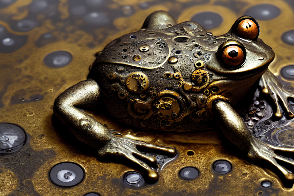 Steampunk-style mechanical frog with cog and gear textures on bronze finish backdrop.