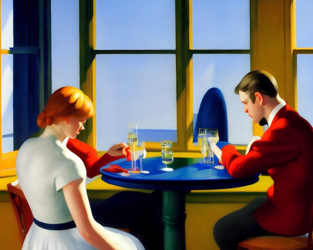 Two individuals in vibrant outfits enjoying drinks by a sunny window with a view of the sea.