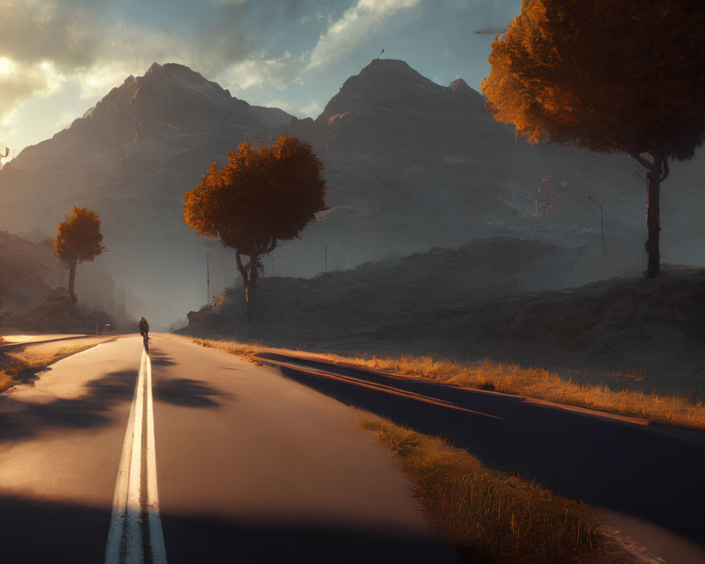 Person walking on sunlit road in misty mountain landscape with golden-leaved trees.