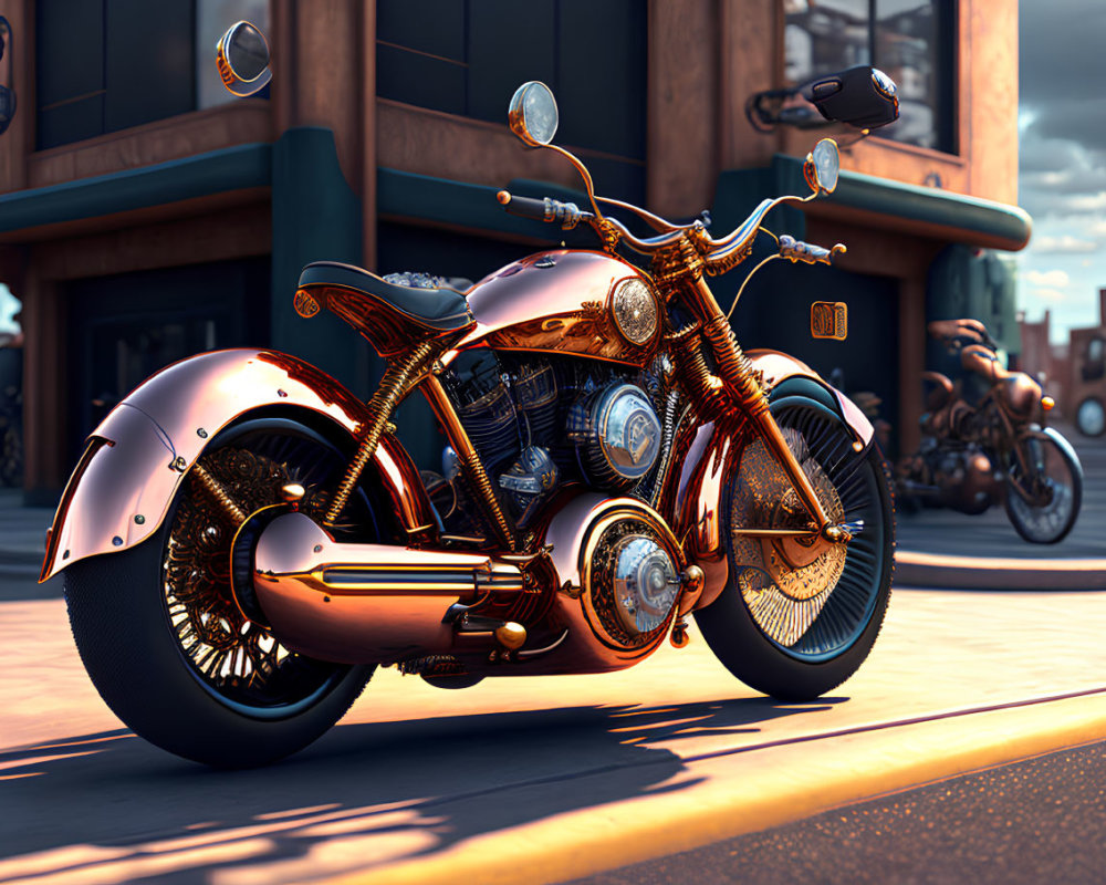 Shiny copper-colored motorcycle on urban street at sunset