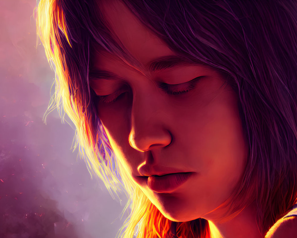 Vivid pink and orange digital portrait with closed eyes and long hair