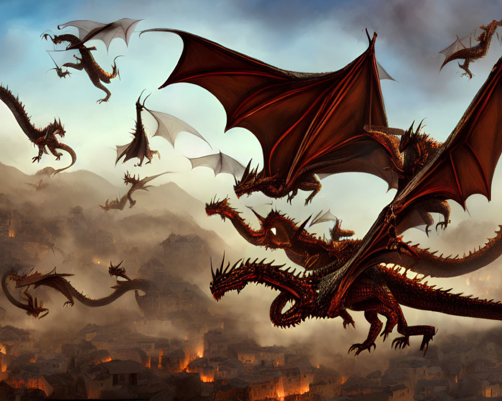 Expansive winged dragons soar over misty medieval town at dusk