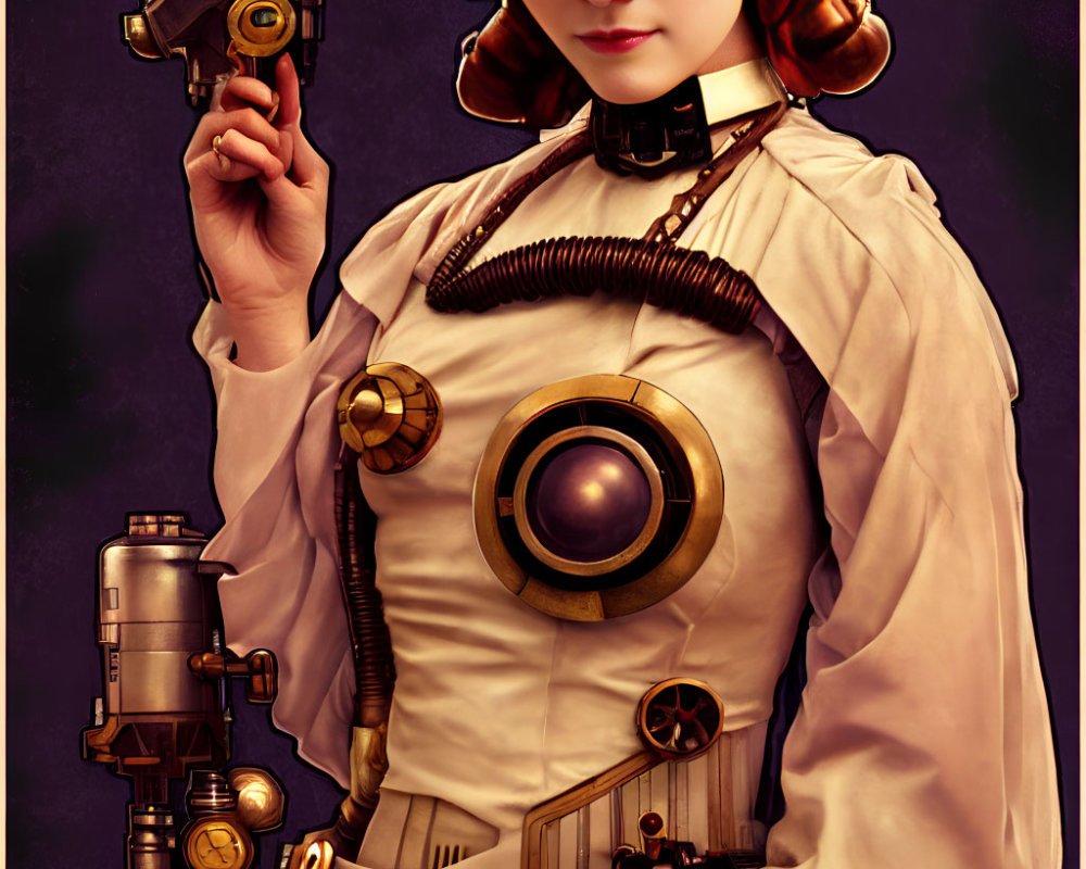 Steampunk-themed woman with mechanical arm and Victorian attire