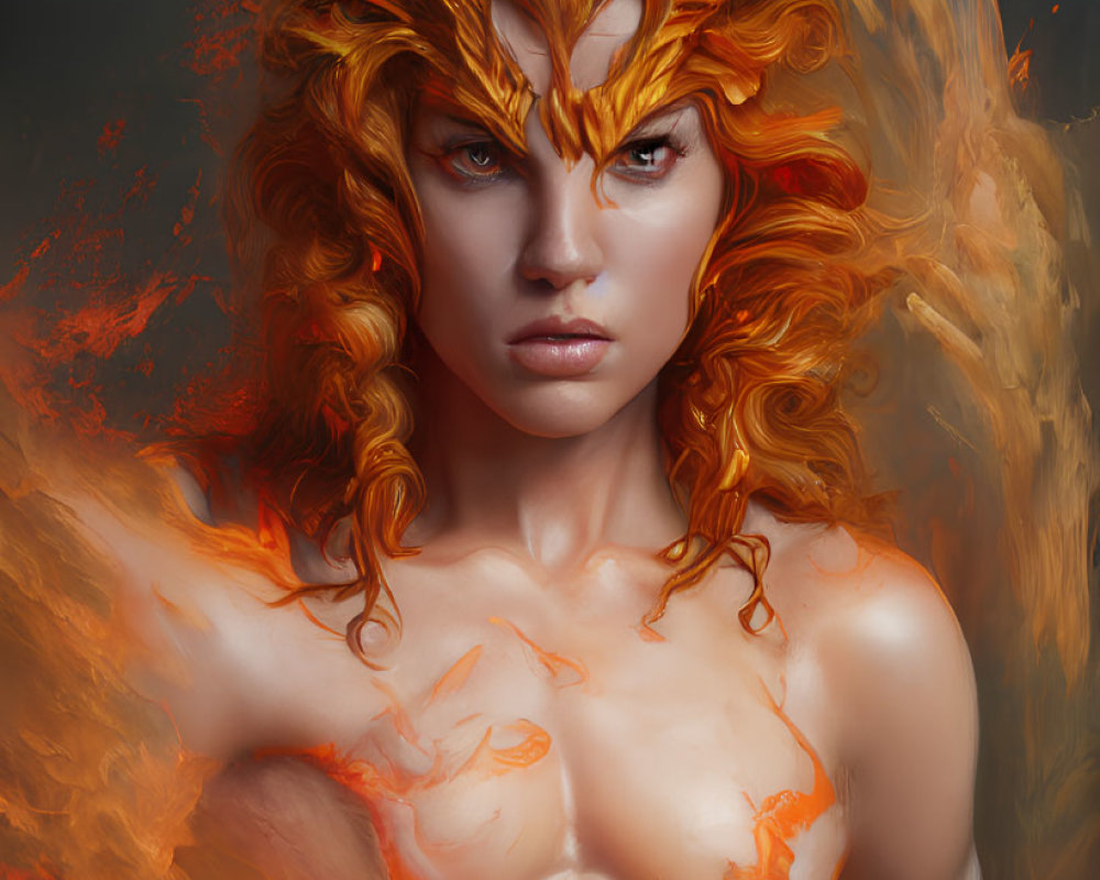 Digital artwork of woman with fiery orange hair and elemental flames swirling around her