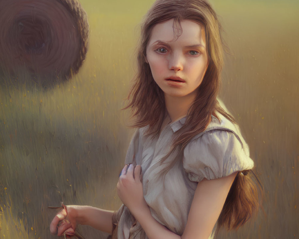 Young girl in golden field with hay bale, holding wheat stalk.