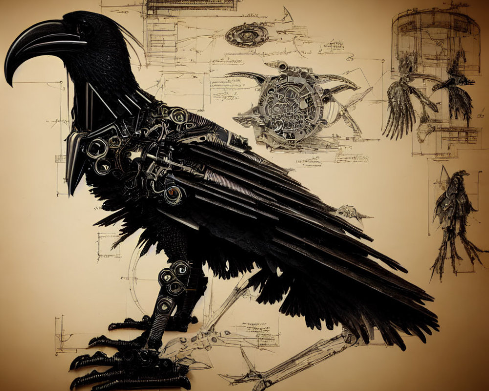 Detailed mechanical raven on sepia schematics.