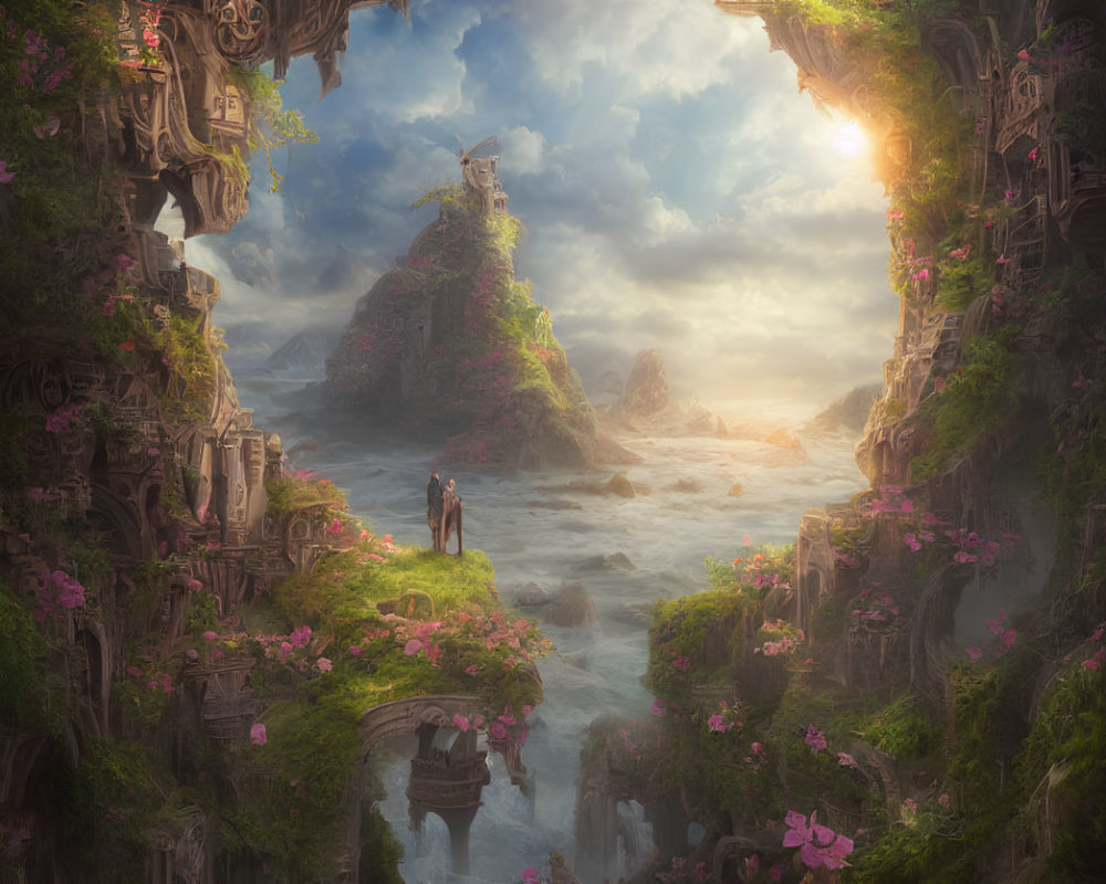 Man in fantastical landscape with sea, cliffs, waterfalls, and integrated buildings under glowing sky