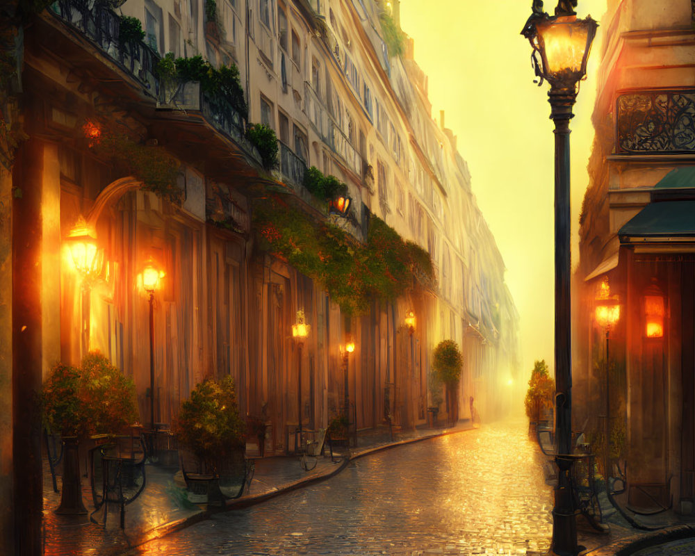 Historic cobblestone street with glowing lamps in old European city at dusk