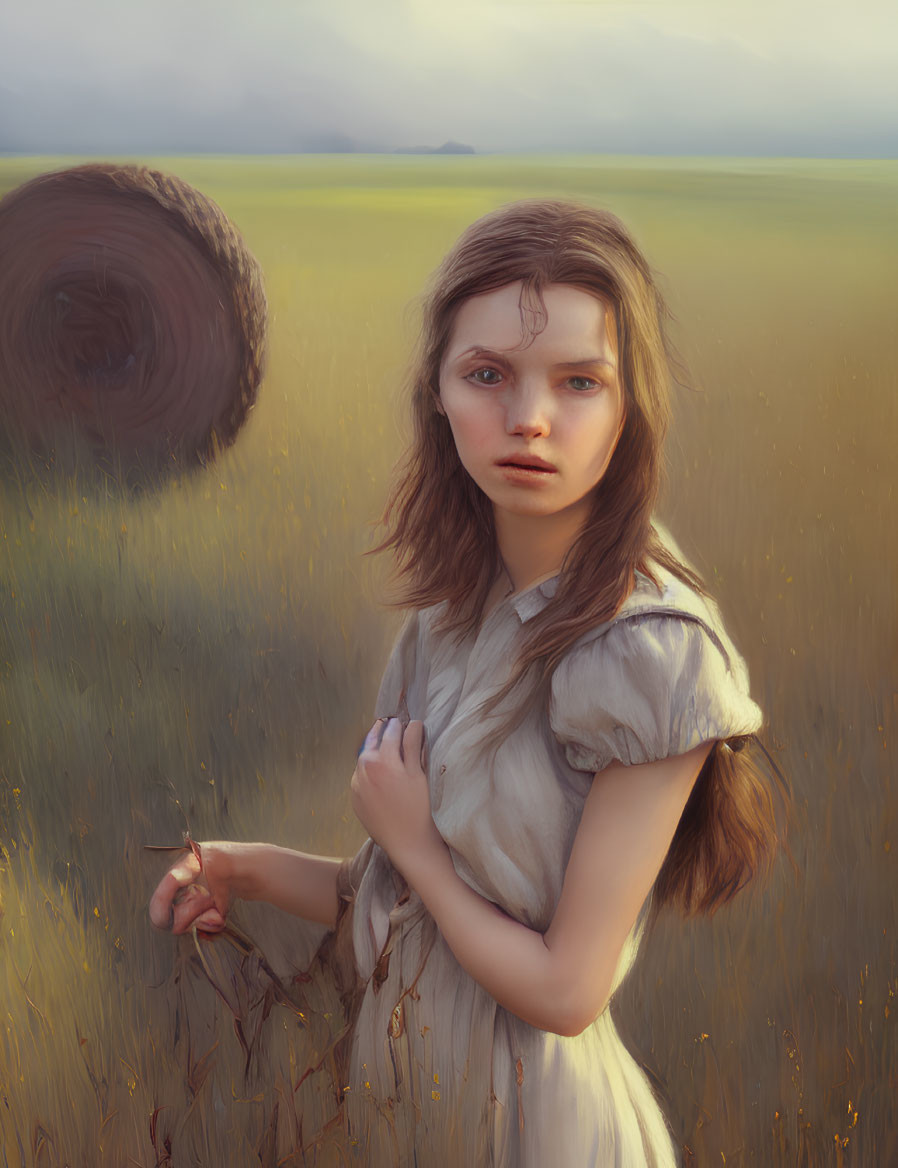 Young girl in golden field with hay bale, holding wheat stalk.