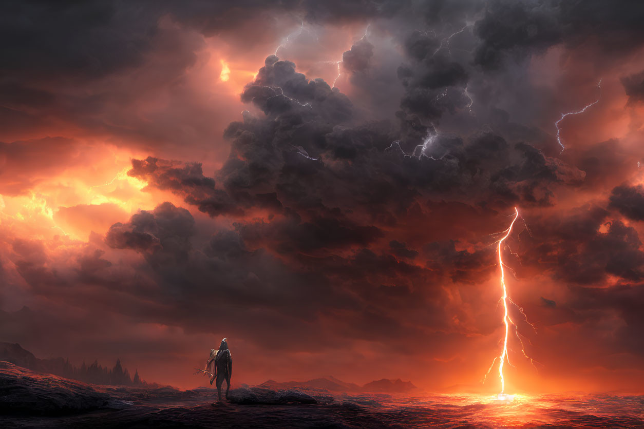 Figure on rocky terrain observes lightning near lava flow under fiery sky