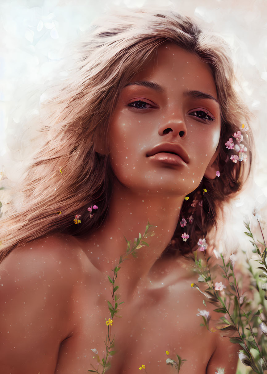 Young woman's digital portrait with flowing hair and flowers in soft light.