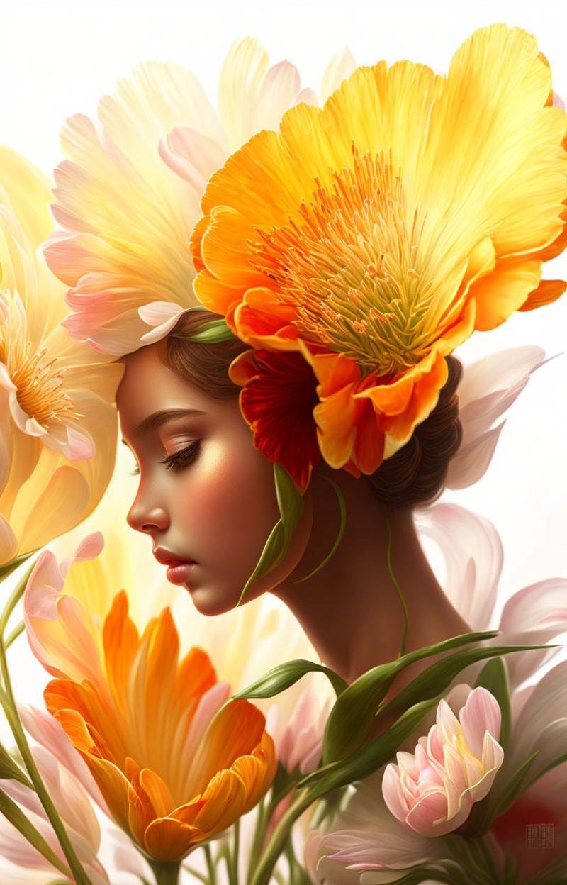 Profile of woman intertwined with yellow-orange flowers in serene portrait.