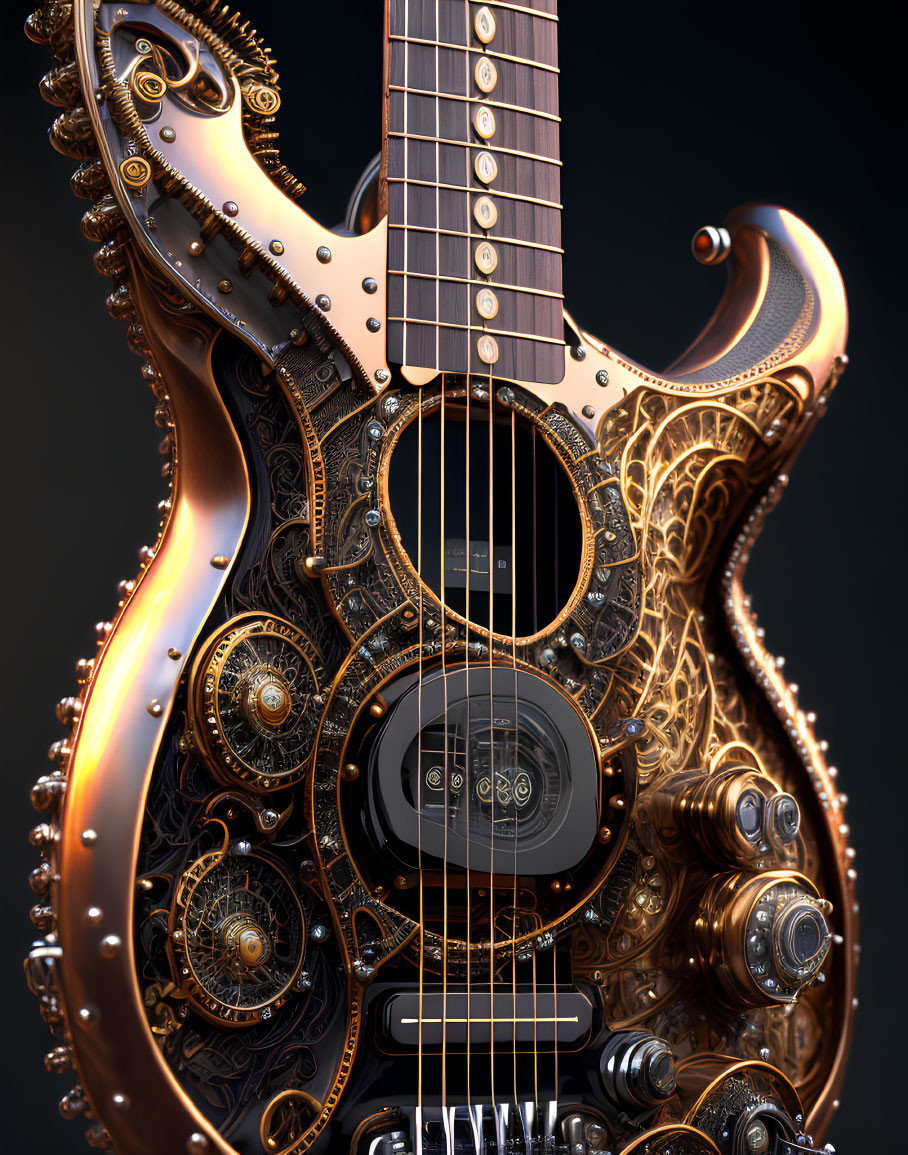 Steampunk-style Guitar with Mechanical Gears and Metal Details