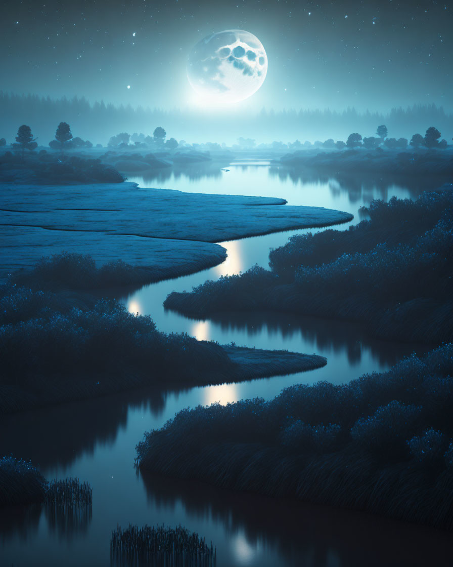 Tranquil night landscape with river, moon, and stars