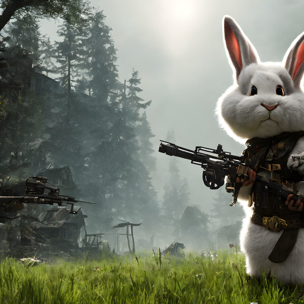 Anthropomorphic rabbit in military gear with rifle in forest.