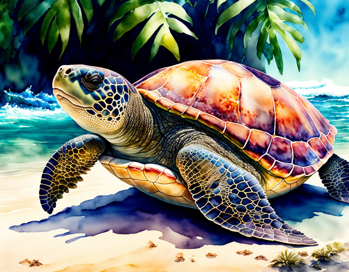 Colorful Sea Turtle Illustration on Sandy Beach