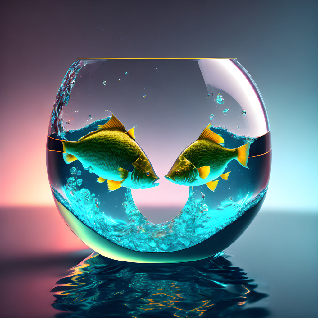 Goldfish in round fishbowl creating splash on reflective surface