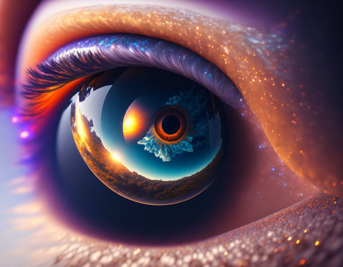 Close-up Human Eye Reflecting Landscape and Sky in Pupil