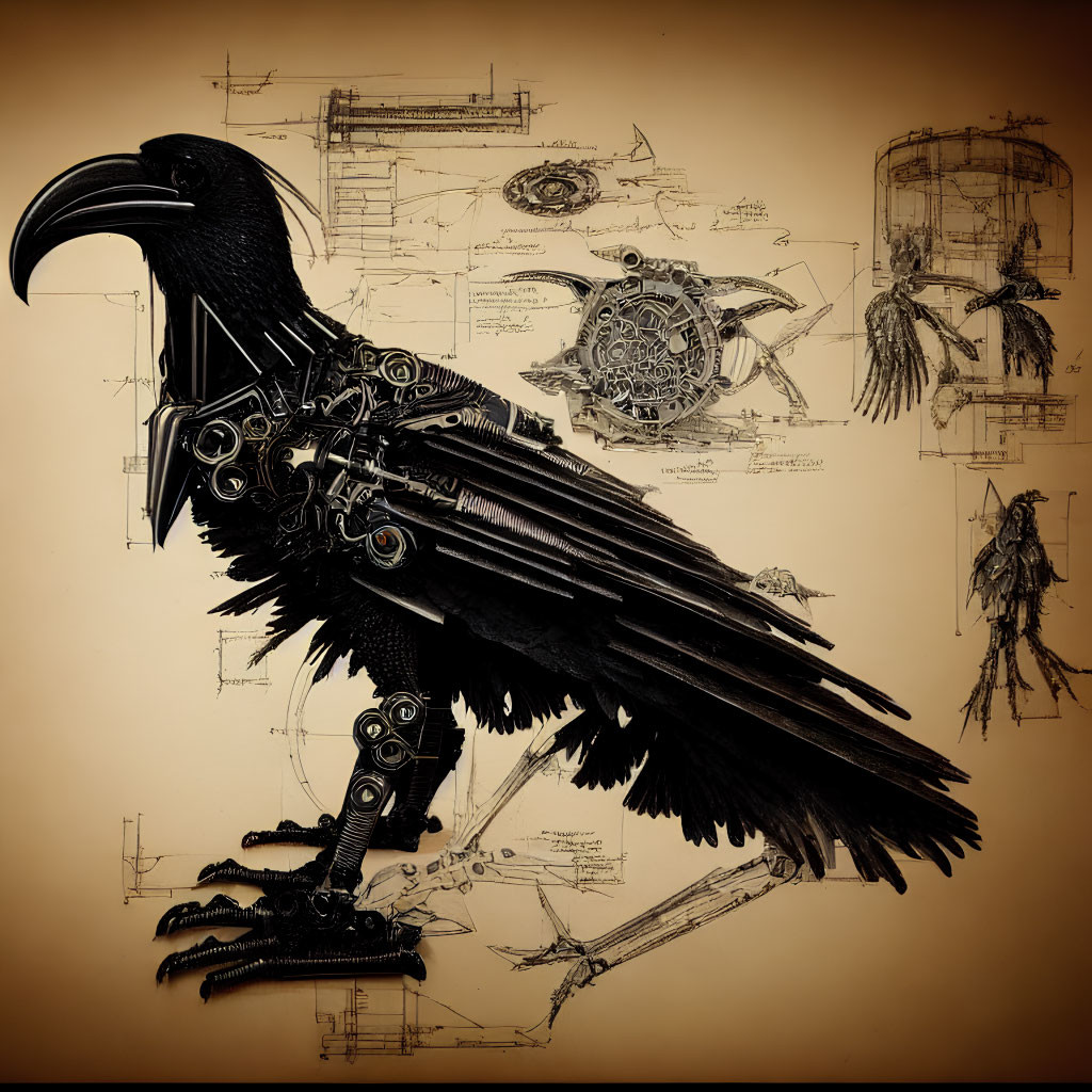 Detailed mechanical raven on sepia schematics.